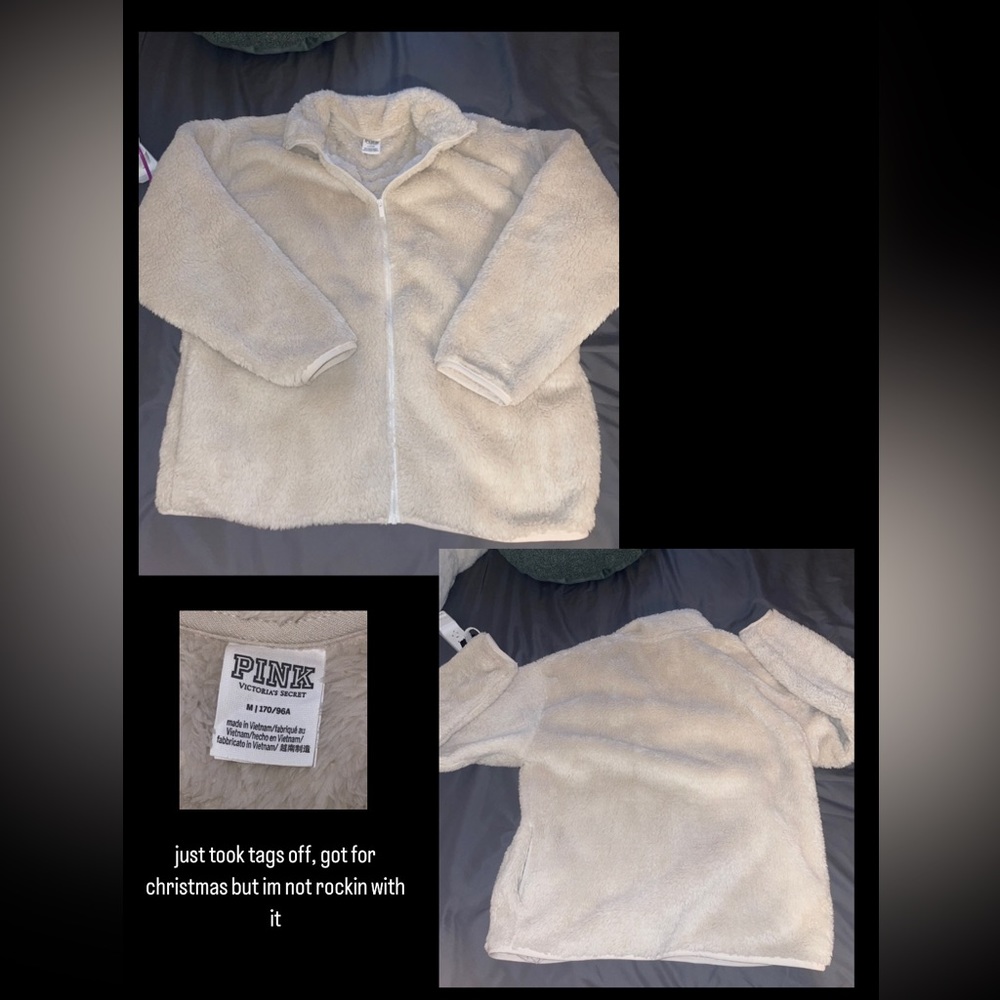 VS PINK Cream Teddy Zip Up Size Medium